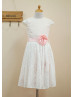 Cap Sleeves Ivory Lace Pink Lining Flower Girl Dress With Flower Sash
